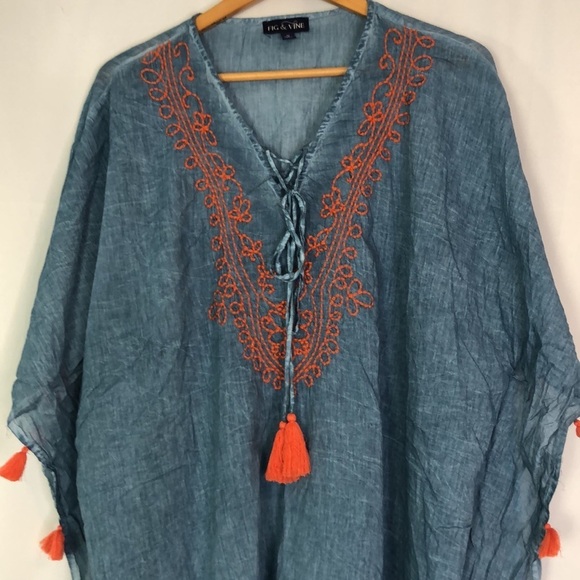Fig & Vine Woman’s Embroidered Tassels Blue/Orange Tunic Size 1X - Picture 3 of 10